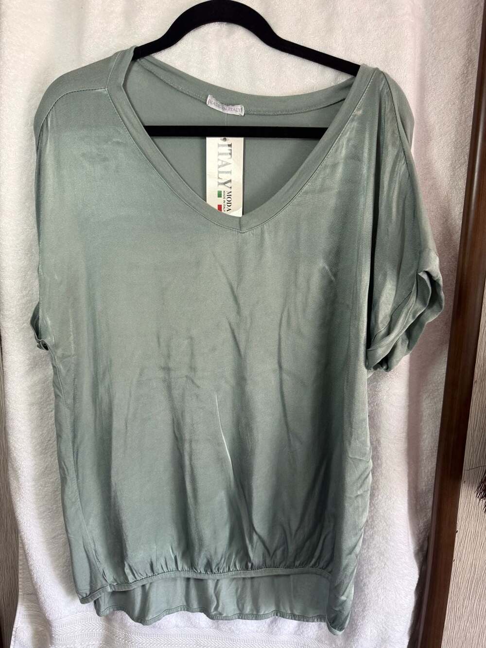 NWT Italy Moda V-Neck Satin Tee Sage Green